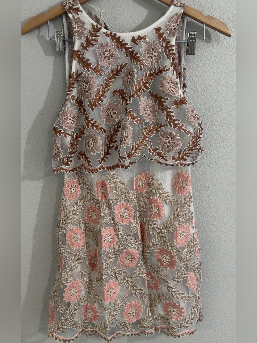 Free People White Dress with Pink and Brown Floral Embroidery
